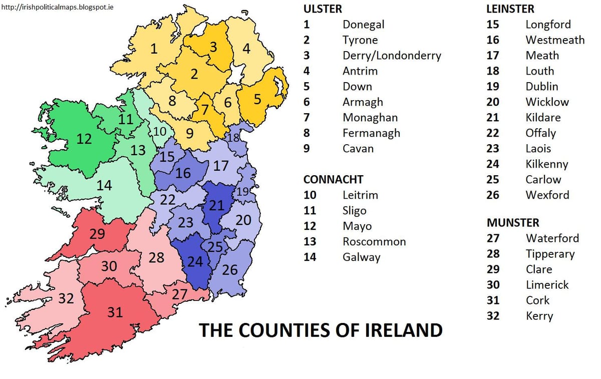 ramani ya ireland kuonyesha majimbo