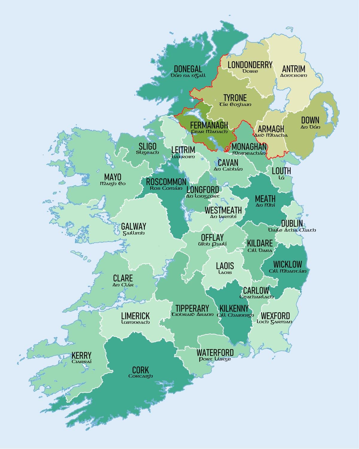 kuonyesha ramani ya ireland na wilaya juu yake